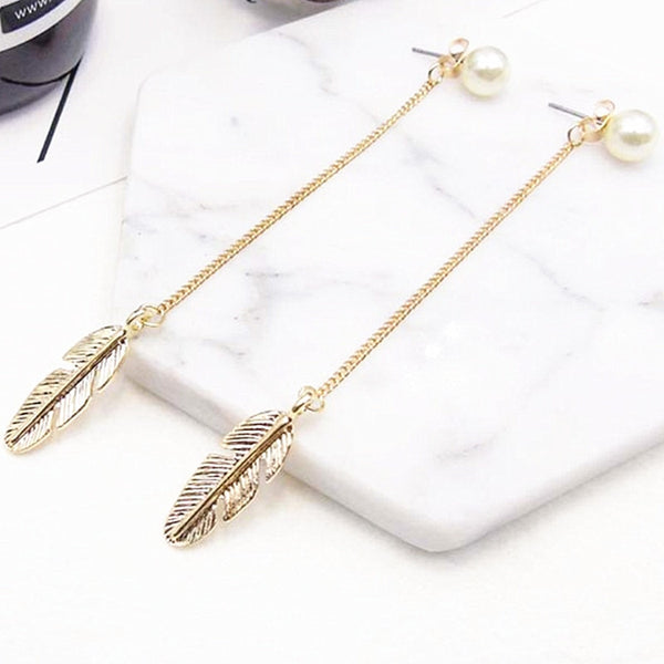 Simulated Pearls Long Tassel Dangle Earrings For Women Leaf Feather Drop Brincos Bijoux boucle d'oreille  Jewelry Earring