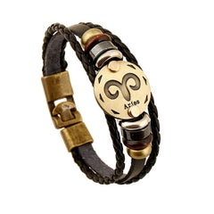 Fashionable Bronze Alloy Buckles Zodiac Signs Bracelet Punk Leather Bracelet Wooden Bead & Black Hematite Lover Charm Jewelry