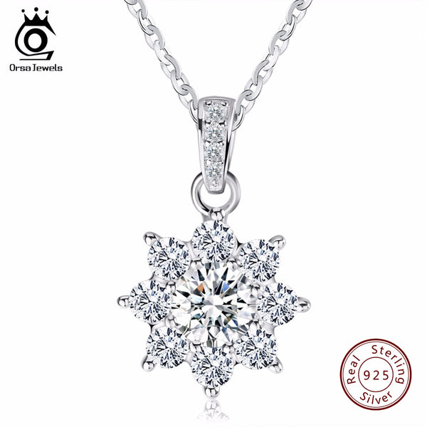 ORSA JEWELS Luxury Crystal Snowflake Pendants&Necklaces Genuine 925 Sterling Silver Necklace Gift for Women