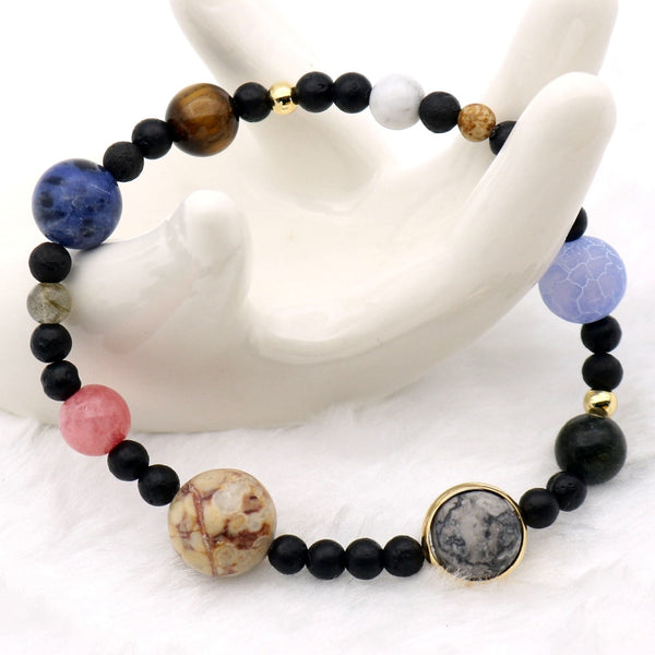 Solar System 9 Planets Universe Stars Women Office Style Natural Stones Beaded Stretch Strand Bracelets Saturn Pluto Earth Moon