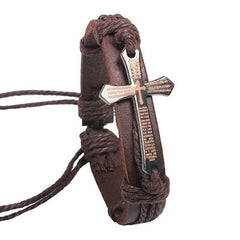 New Fashion Men Jewelry Vintage Leather Bracelets & Bangles Metal Cross Jesus Rope Bracelet Adjustable Wax Cord Brown Black